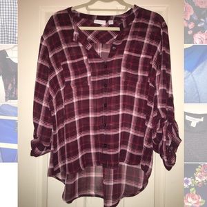 Plaid cropped button-up top. New York & Co